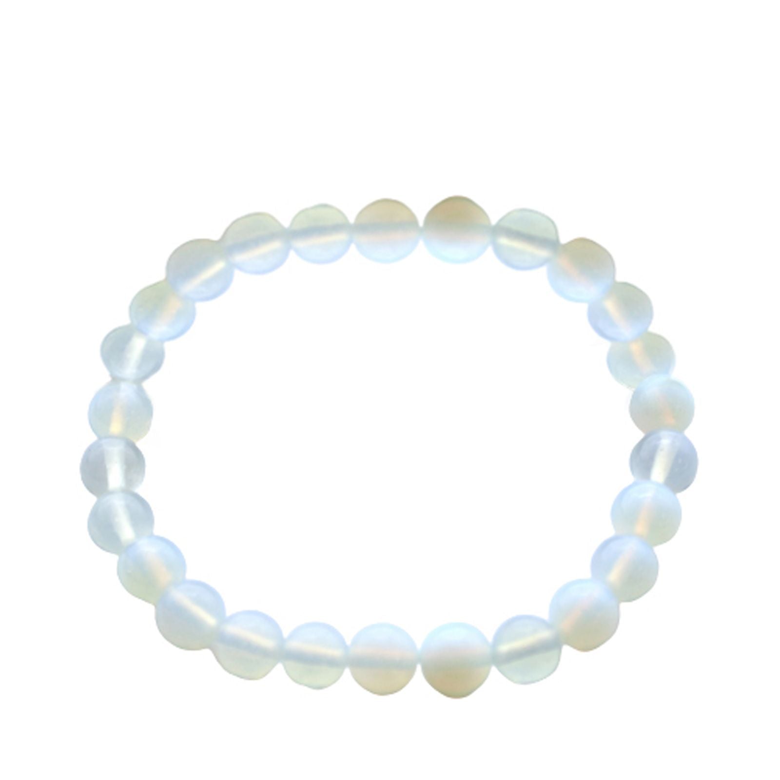 Elegant elasticated power bracelet featuring smooth, translucent iridescent opalite gemstone beads.