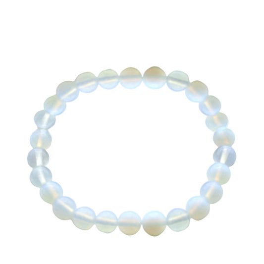 Elegant elasticated power bracelet featuring smooth, translucent iridescent opalite gemstone beads.