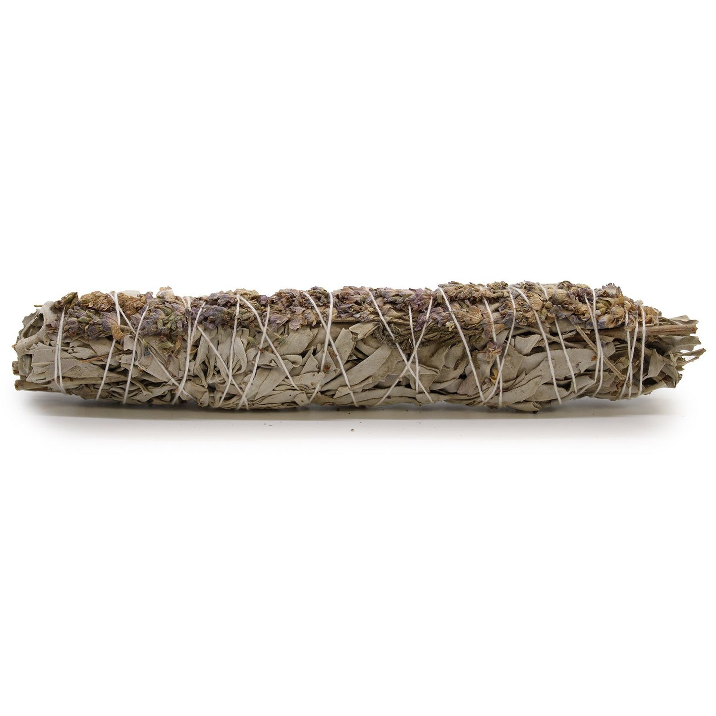 Large hand-tied smudge stick made of dried white sage leaves and purple lavender flowers.
