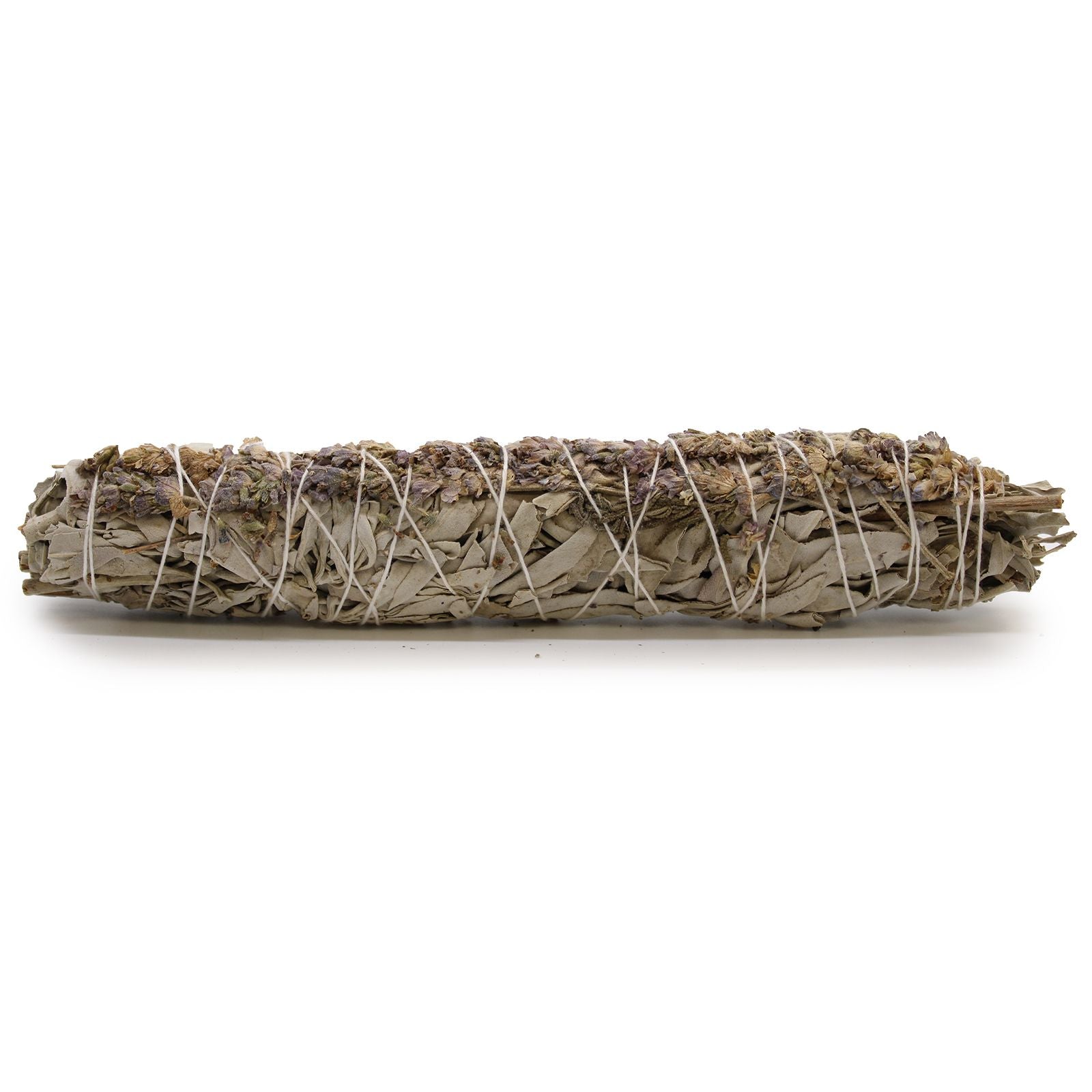 Large hand-tied smudge stick made of dried white sage leaves and purple lavender flowers.