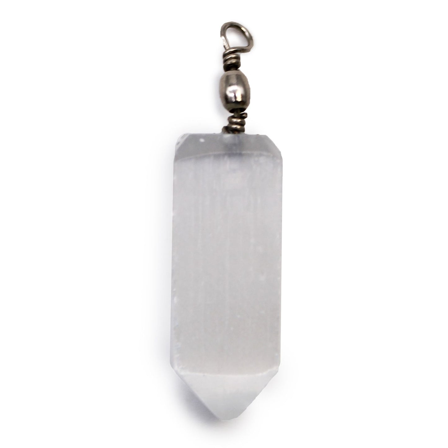 Elegant white selenite crystal pendant carved into a sleek obelisk point with a silver-tone bale.