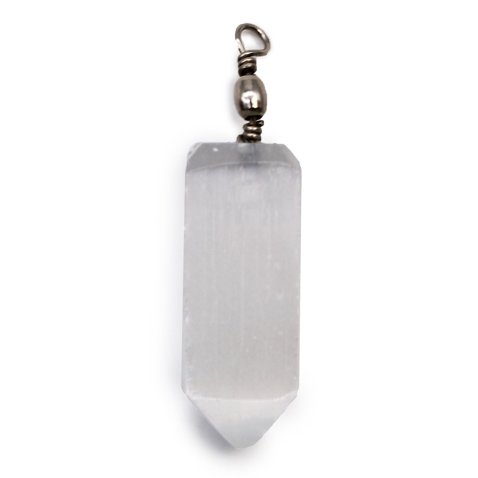 Elegant white selenite crystal pendant carved into a sleek obelisk point with a silver-tone bale.