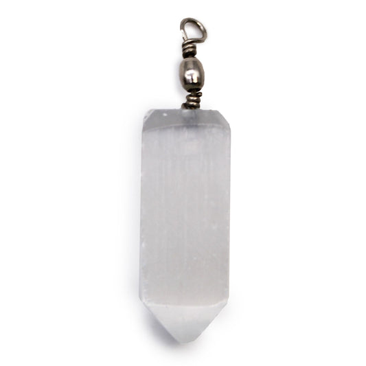Elegant white selenite crystal pendant carved into a sleek obelisk point with a silver-tone bale.