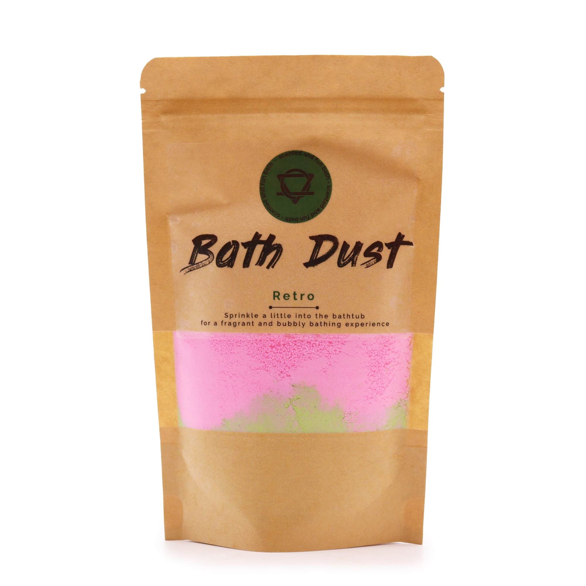 Colourful and fizzy retro bath dust in a clear packet for a relaxing spa-like experience at home.