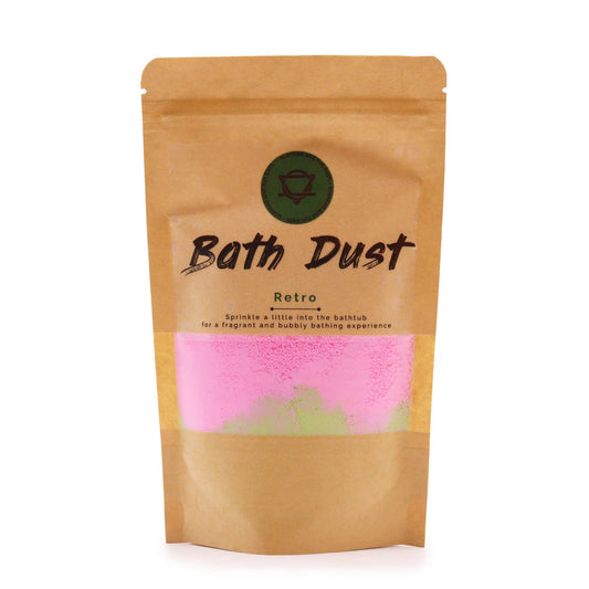 Colourful and fizzy retro bath dust in a clear packet for a relaxing spa-like experience at home.