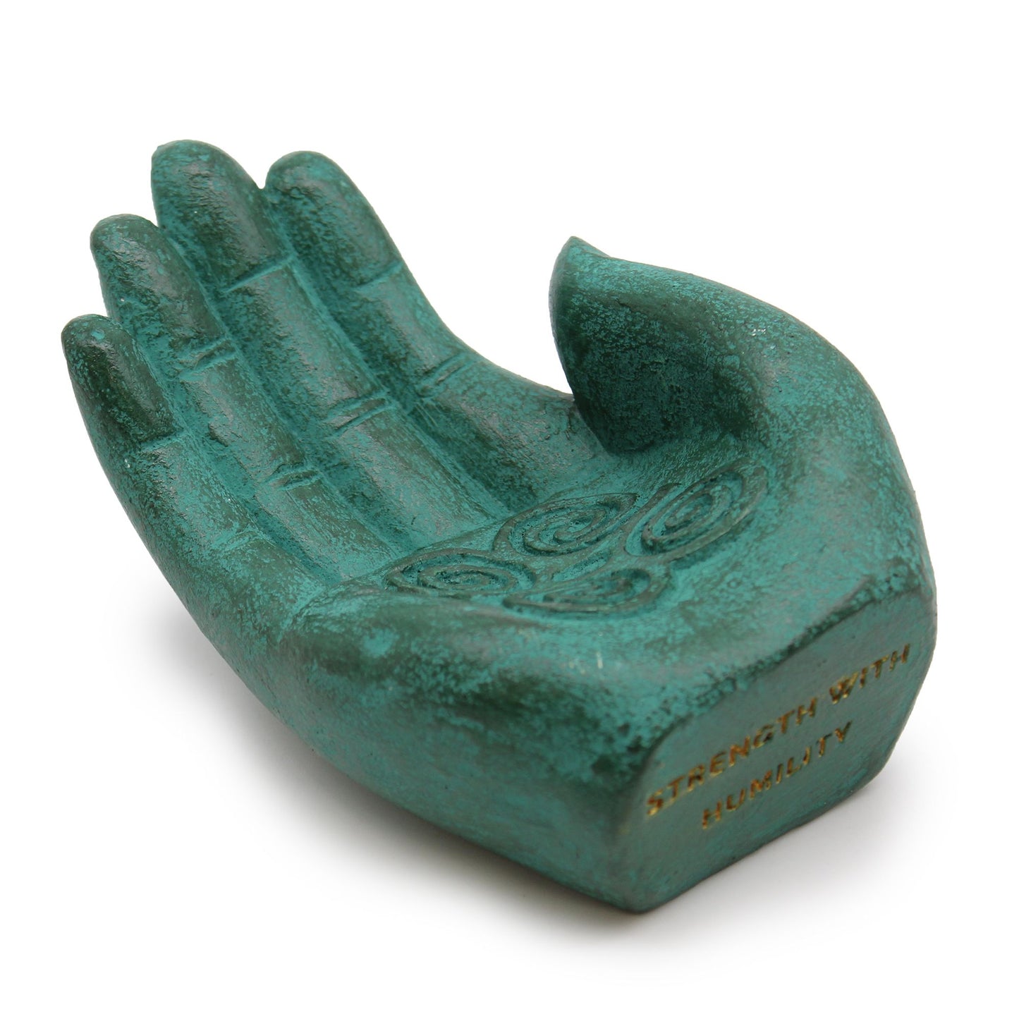 Hand-shaped stone incense burner in a soft green finish, designed to hold a single incense stick.