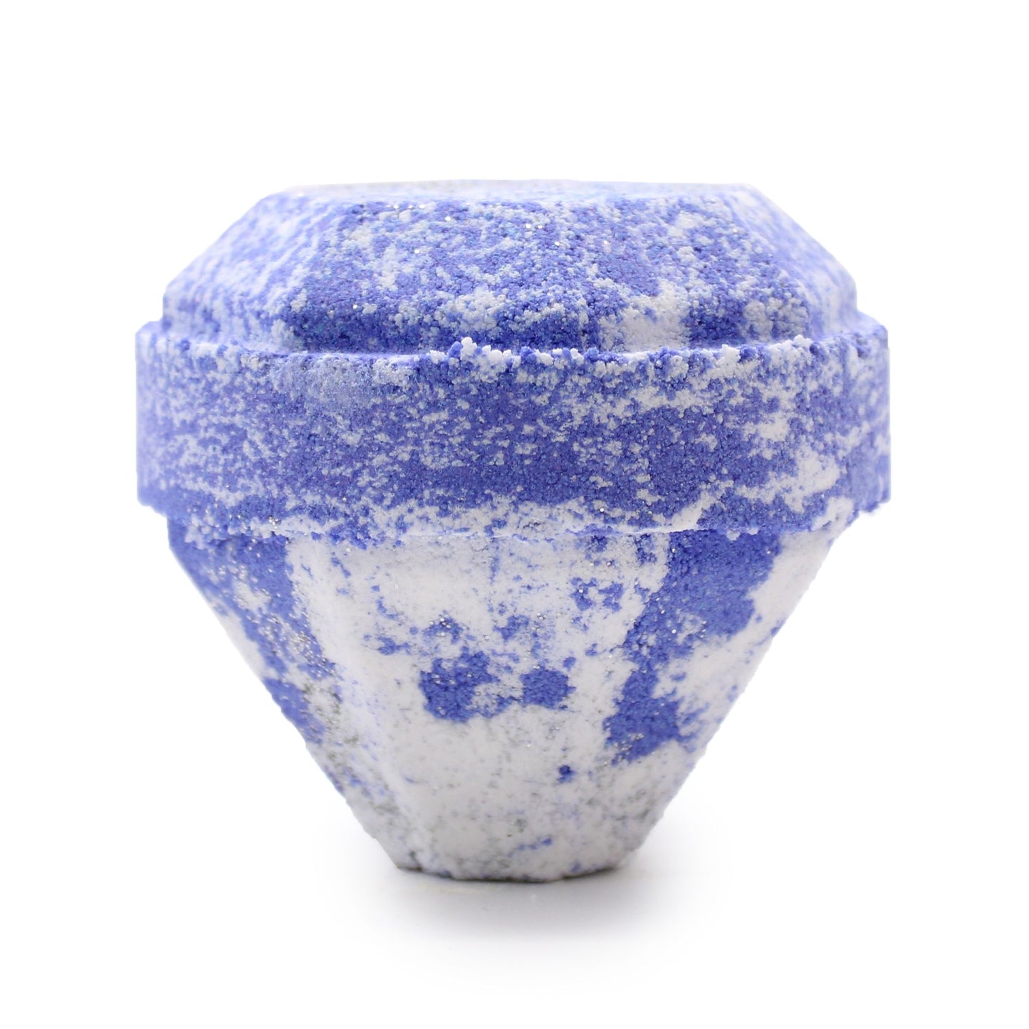 White and blue gemstone-shaped bath bomb with a glossy finish and crystalline texture.