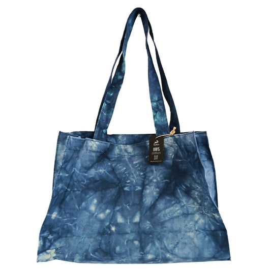 Small zip pouch bag in a deep sea blue fabric with a rustic stonewashed textured finish.