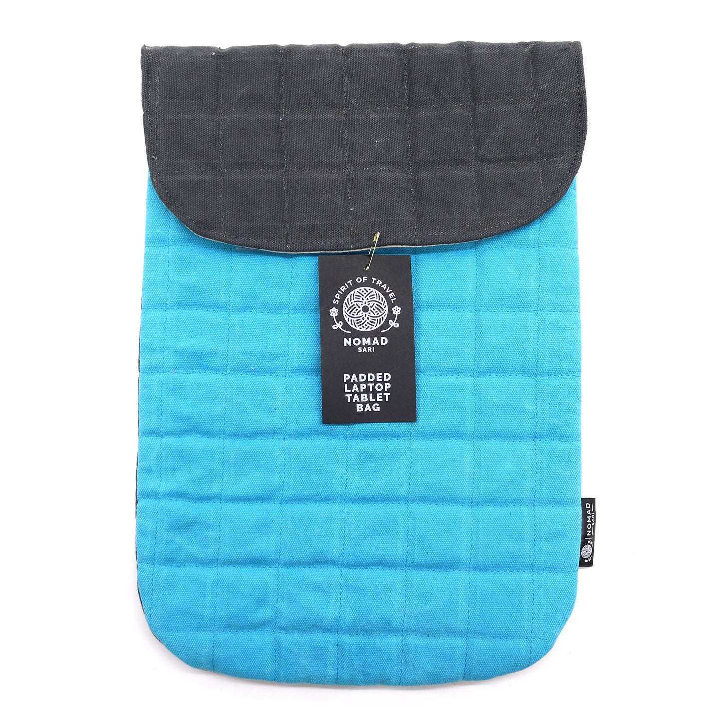 Padded turquoise stonewashed cotton laptop pouch with a charcoal magnetic flap and quilted texture.