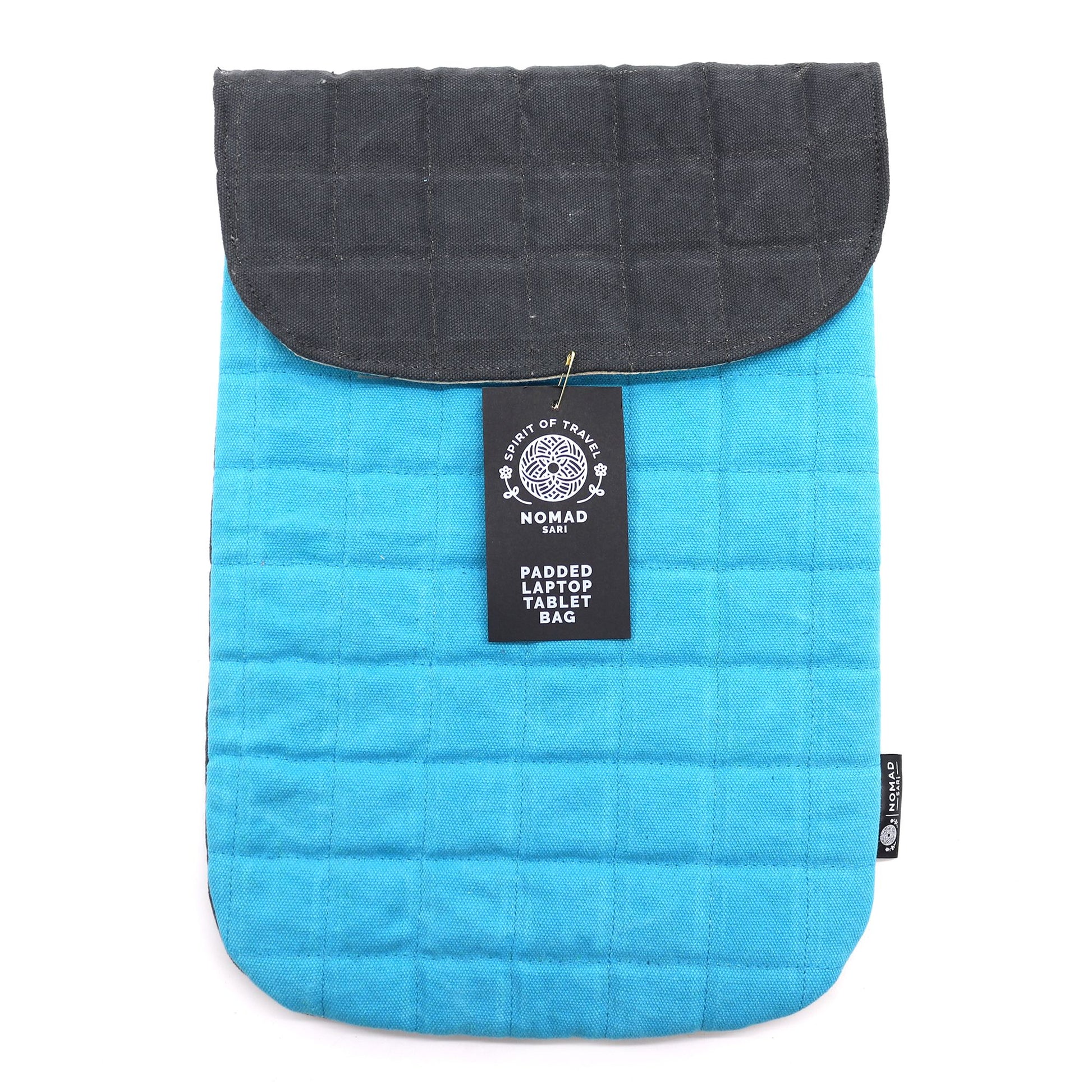 Padded turquoise stonewashed cotton laptop pouch with a charcoal magnetic flap and quilted texture.