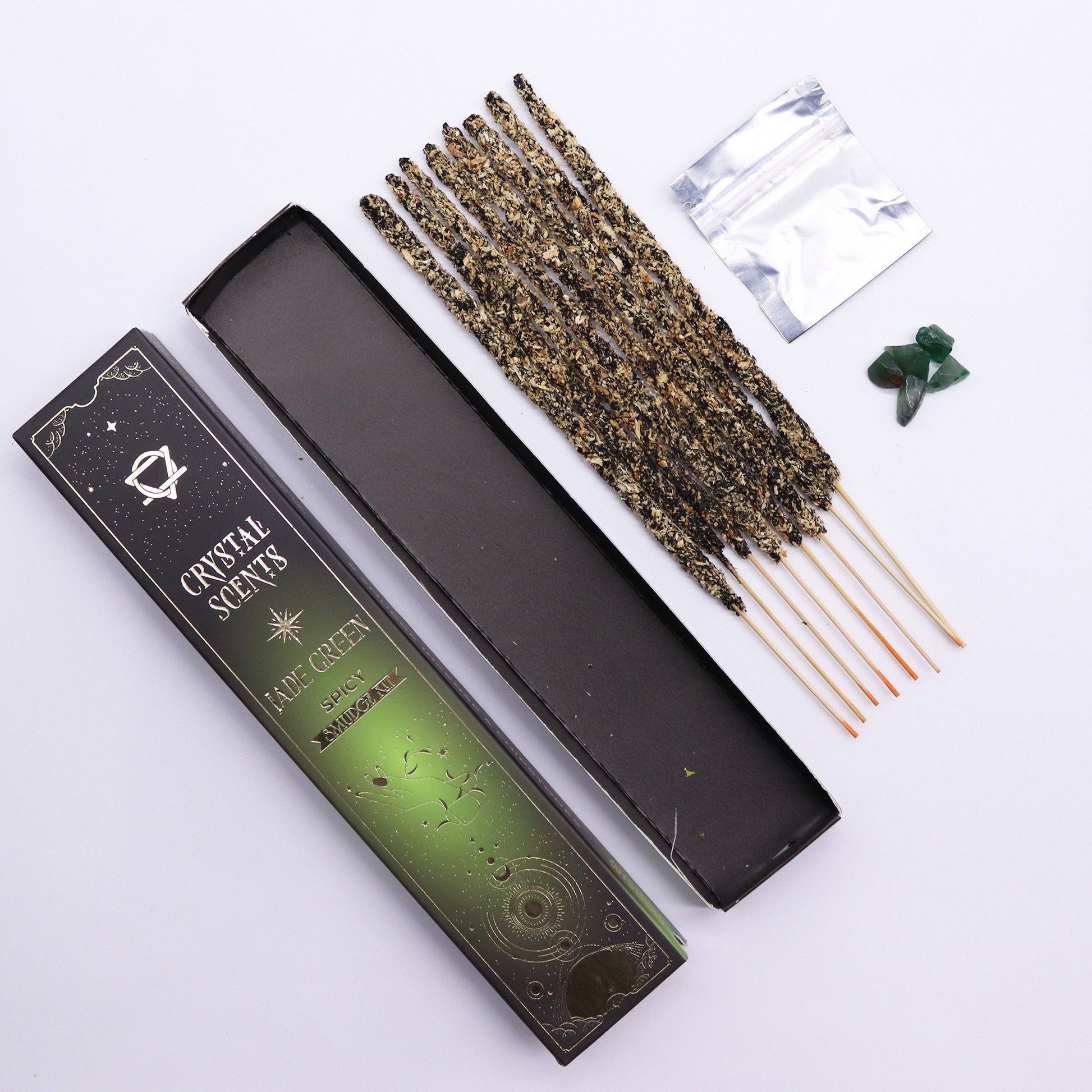 Handcrafted spicy smudge incense sticks paired with green jade crystal chipstones in a decorative box.