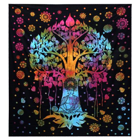 Detailed black and white cotton tapestry featuring a sacred Bodhi Tree design with intricate patterns.