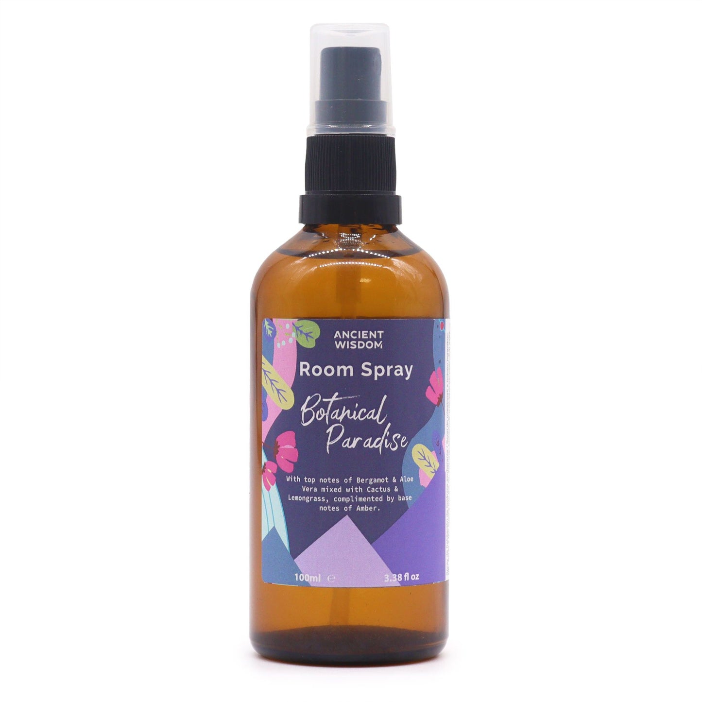 Clear 100ml glass spray bottle with a minimalist label featuring botanical paradise summer room spray.