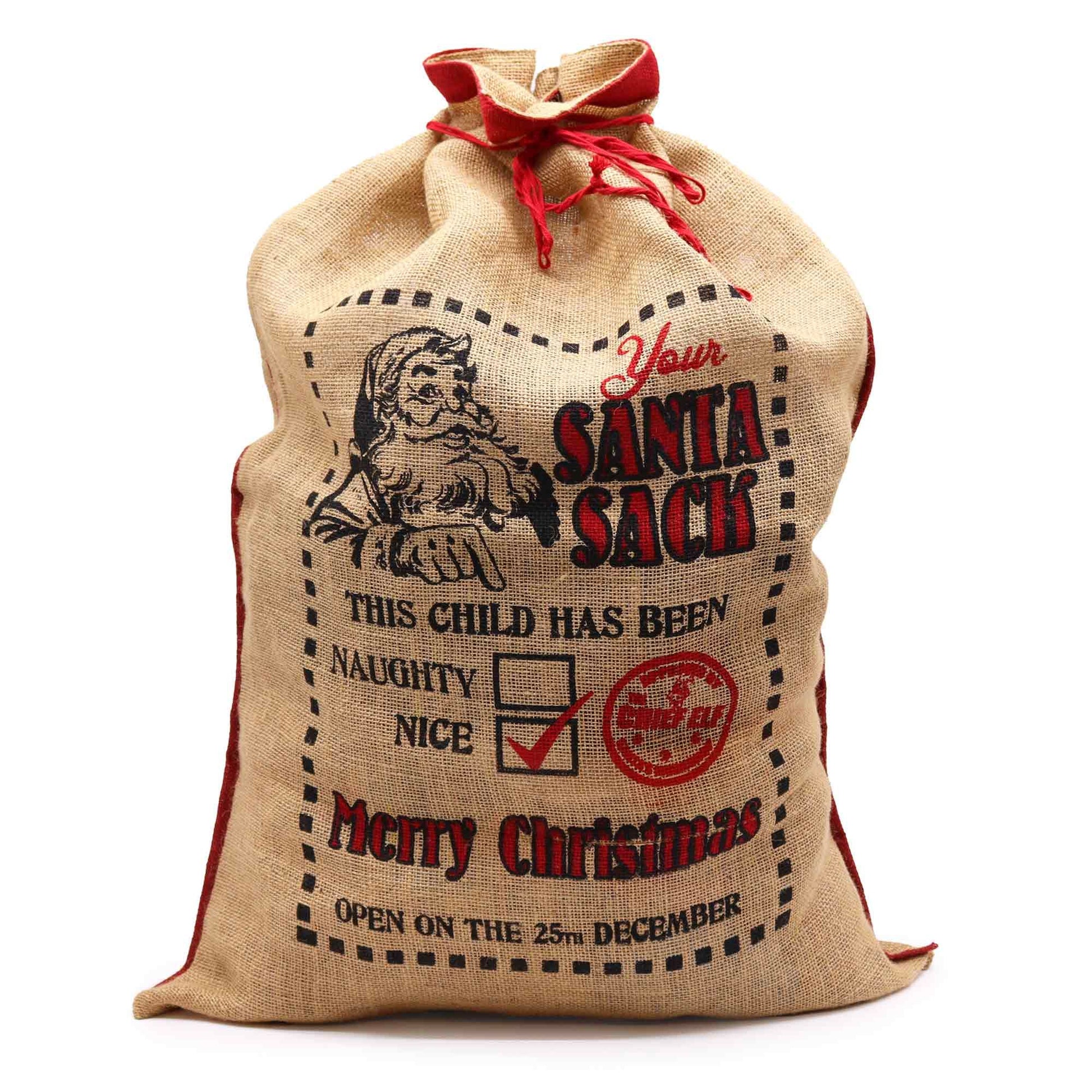 Large rustic jute Christmas sack with red festive text saying This Child Has Been Nice! and star details.