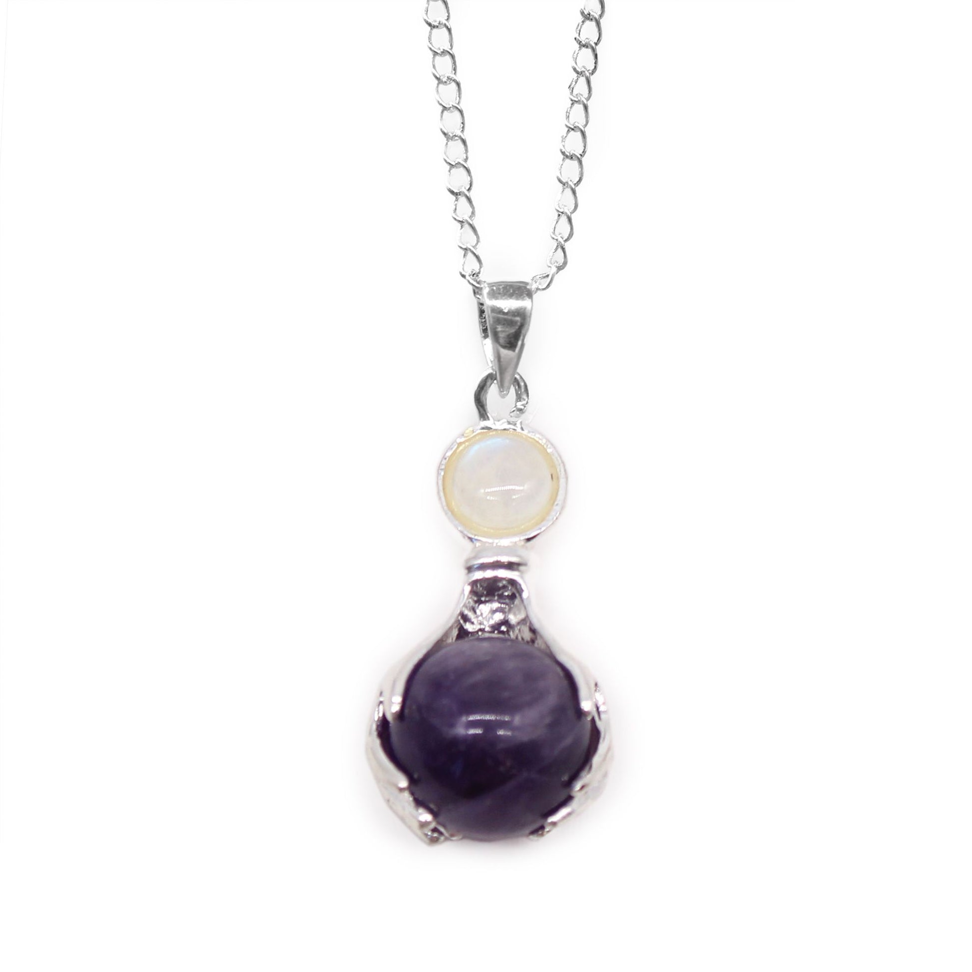 Handcrafted Amethyst gemstone sphere held by silver-toned healing hands on a pendant.
