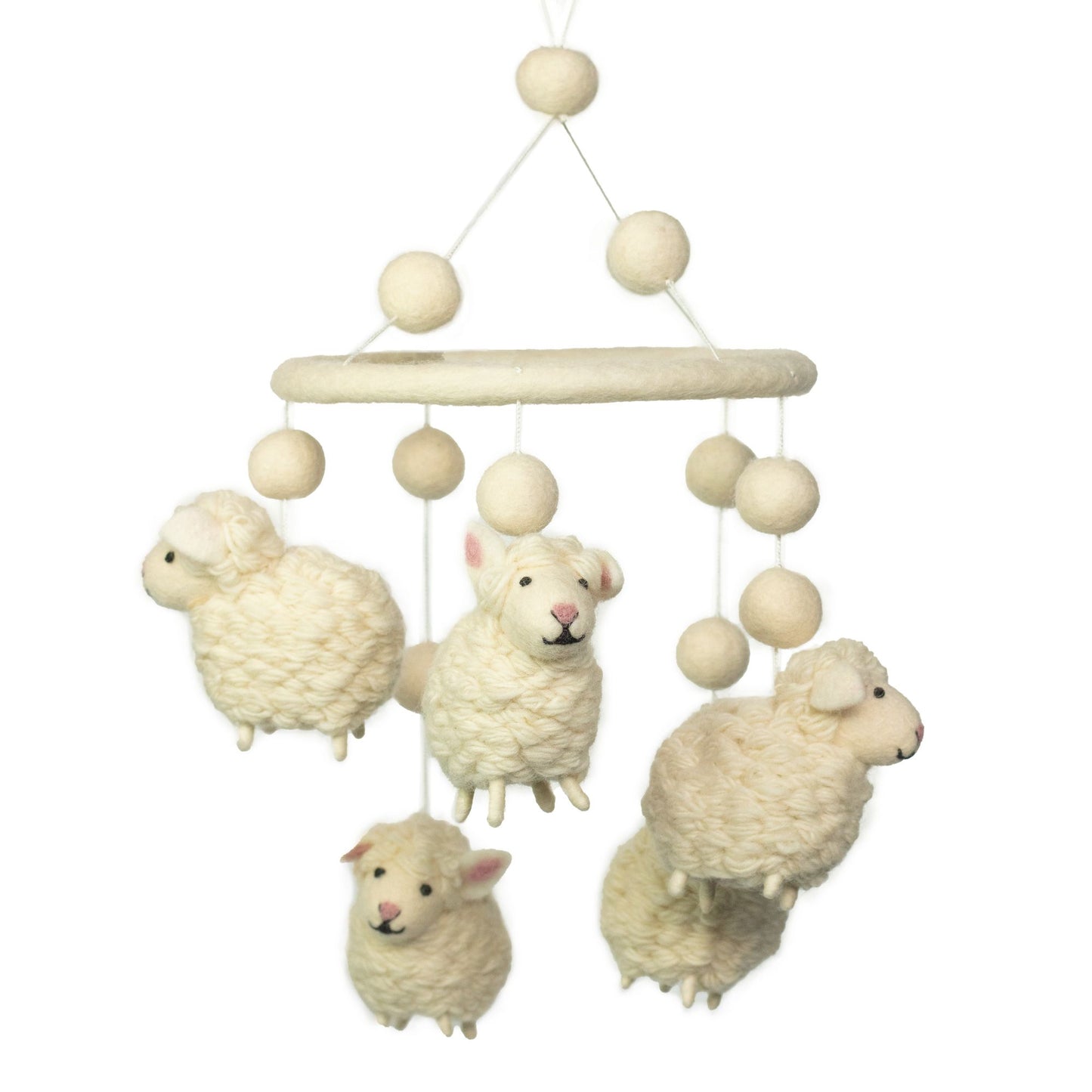 Handmade nursery mobile featuring soft white felt sheep hanging from a circular frame in a minimalist style.