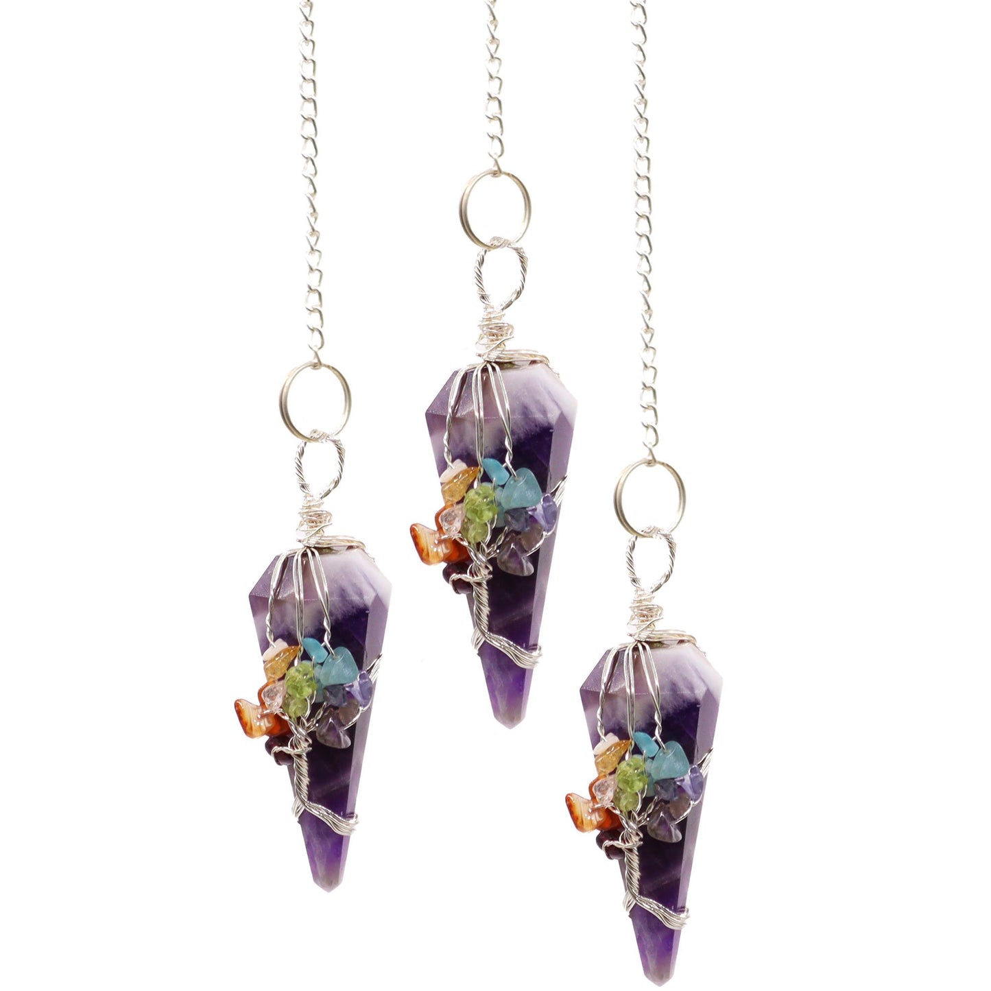 Beautiful purple amethyst gemstone pendulum featuring seven small chakra stones along the silver-tone chain.