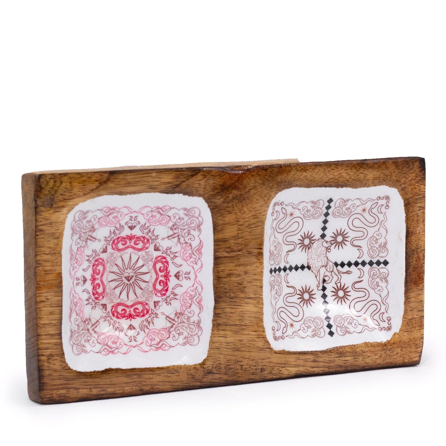 Handcrafted wooden double trinket tray with colorful enameled interior featuring a symbolic Cupid and Lion illustration.