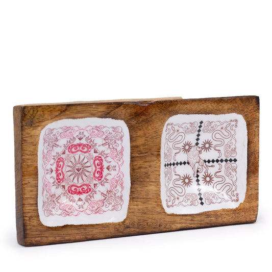 Handcrafted wooden double trinket tray with colorful enameled interior featuring a symbolic Cupid and Lion illustration.