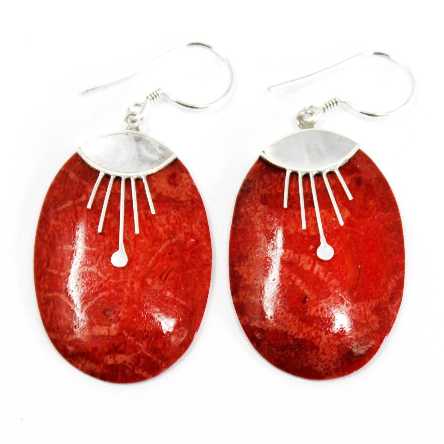 Hand-crafted 925 silver earrings featuring bright red oval resin stones with a smooth, shining texture.