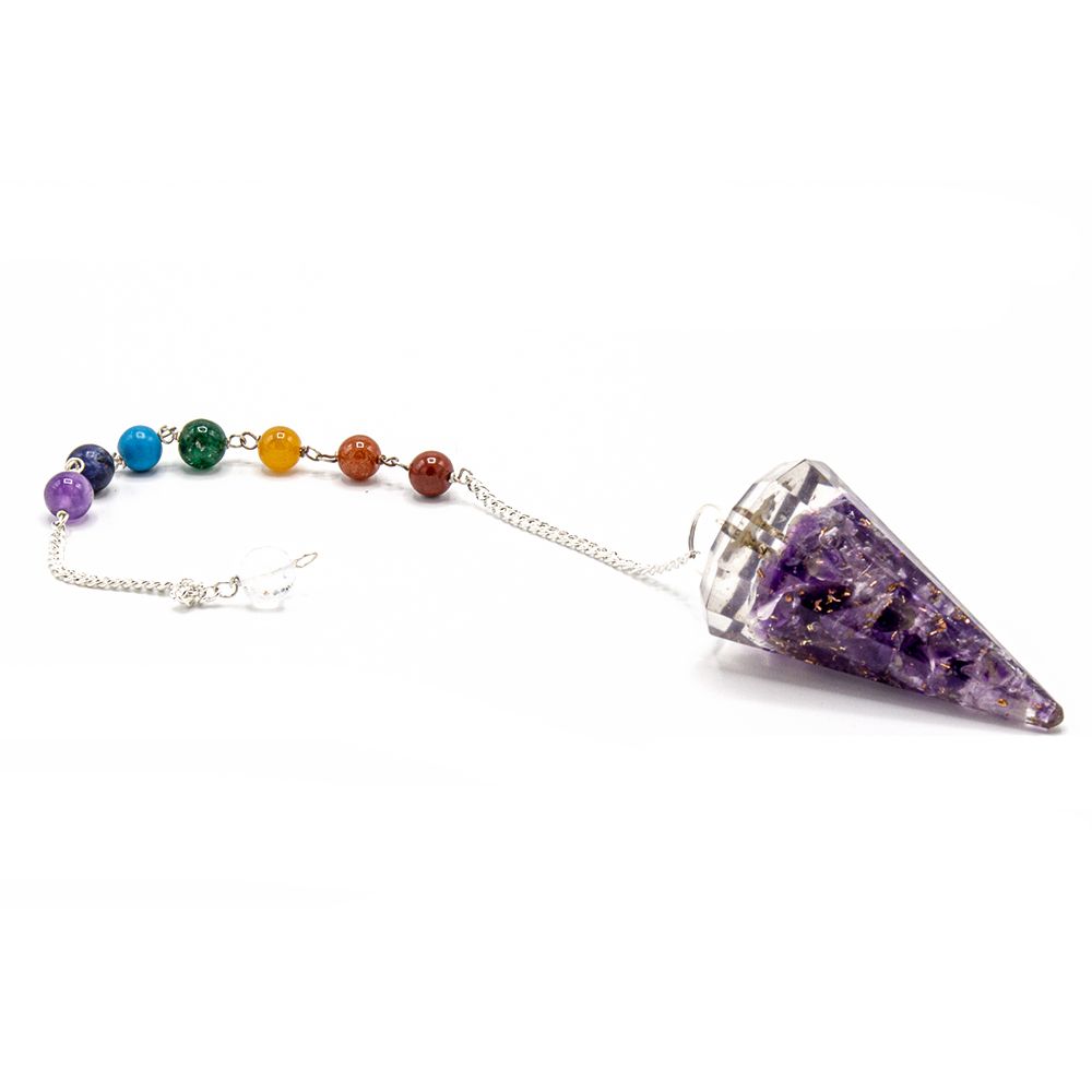 Amethyst crystal point pendulum with an orgonite base and a silver chain featuring seven colourful chakra stones.