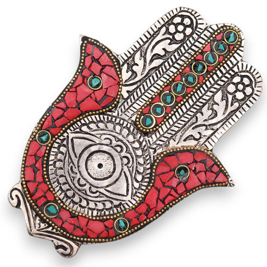 Handcrafted small Hamsa-shaped aluminium incense holder with a vibrant red and green dual-tone finish.