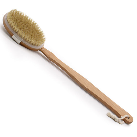 A natural bristle body brush with a long wooden handle designed for reaching the back and exfoliating the skin.