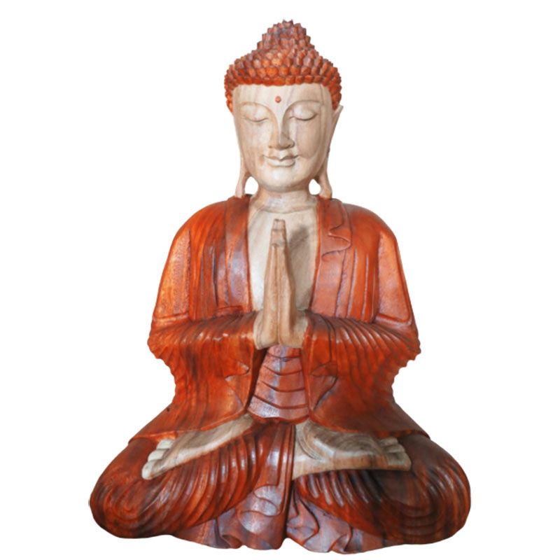 Intricately hand-carved Suar wood Buddha statue in a welcoming pose with detailed traditional Balinese craftsmanship.