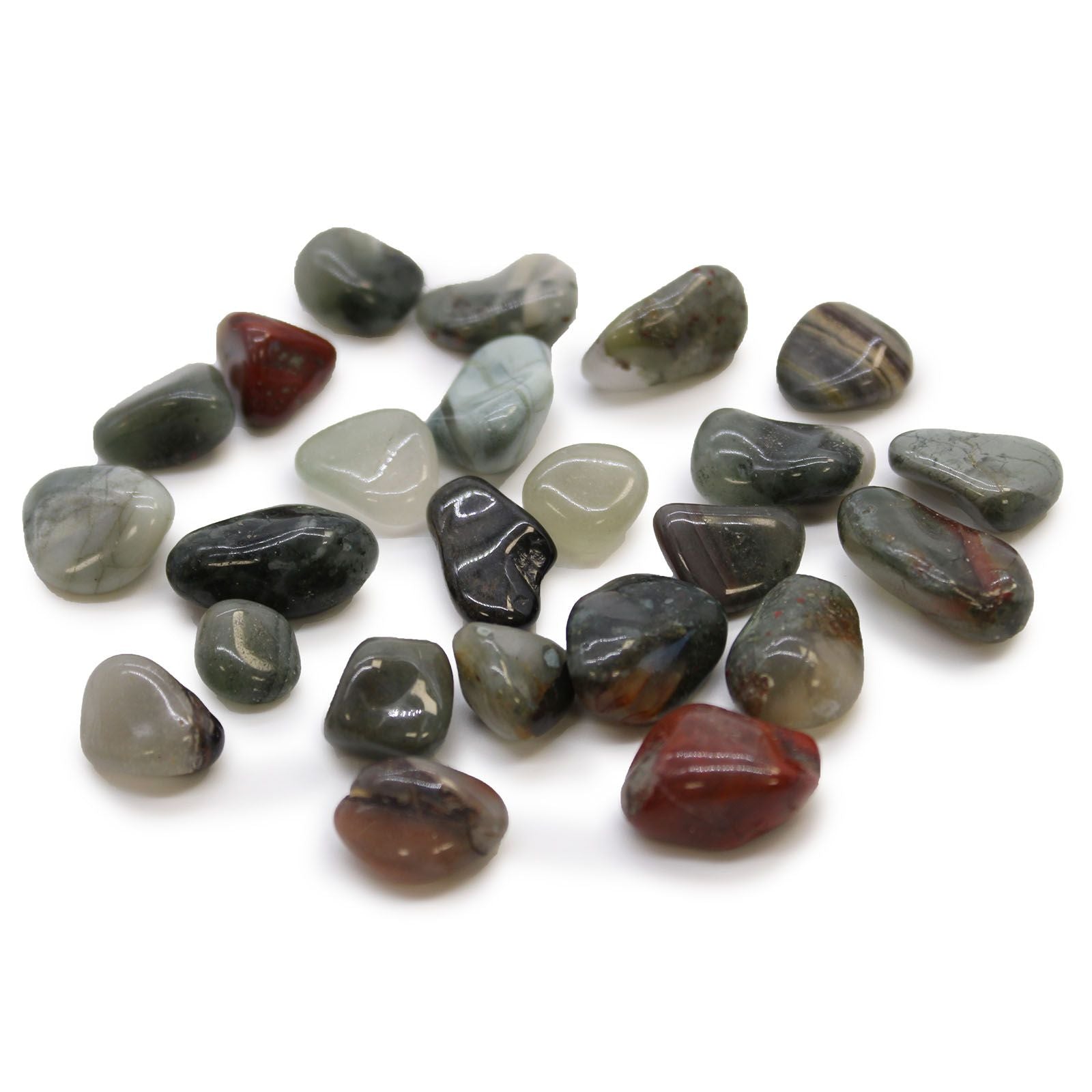 Small polished dark green African bloodstone tumble stones with distinctive red iron oxide spots and stripes.