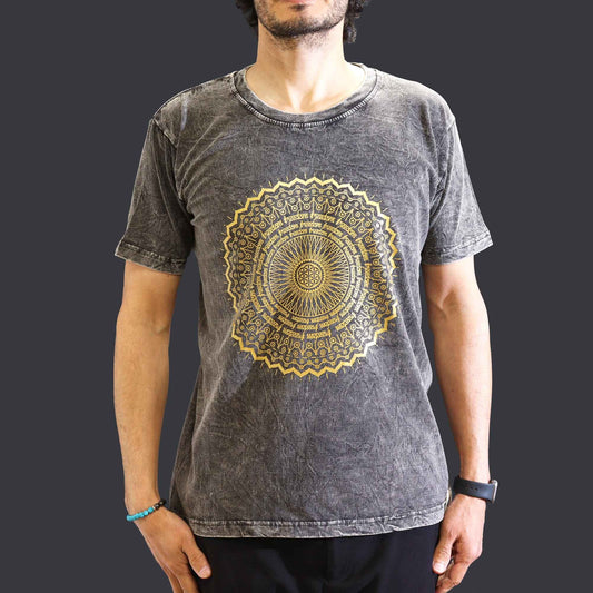 Dark grey stone washed t-shirt featuring a detailed white mandala print on the front.