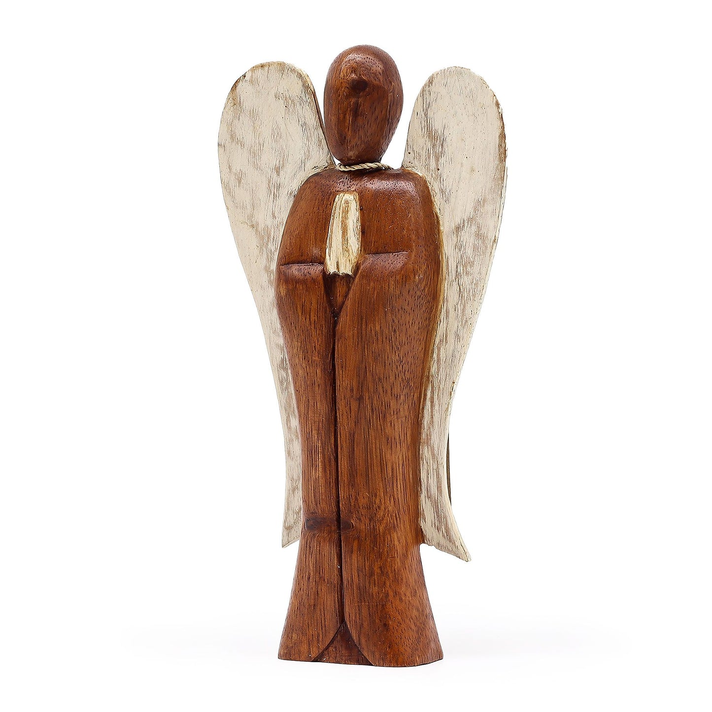 Hand-carved 20cm wooden angel figurine with 'Peace' inscribed on the back, crafted from sustainable Suar wood.
