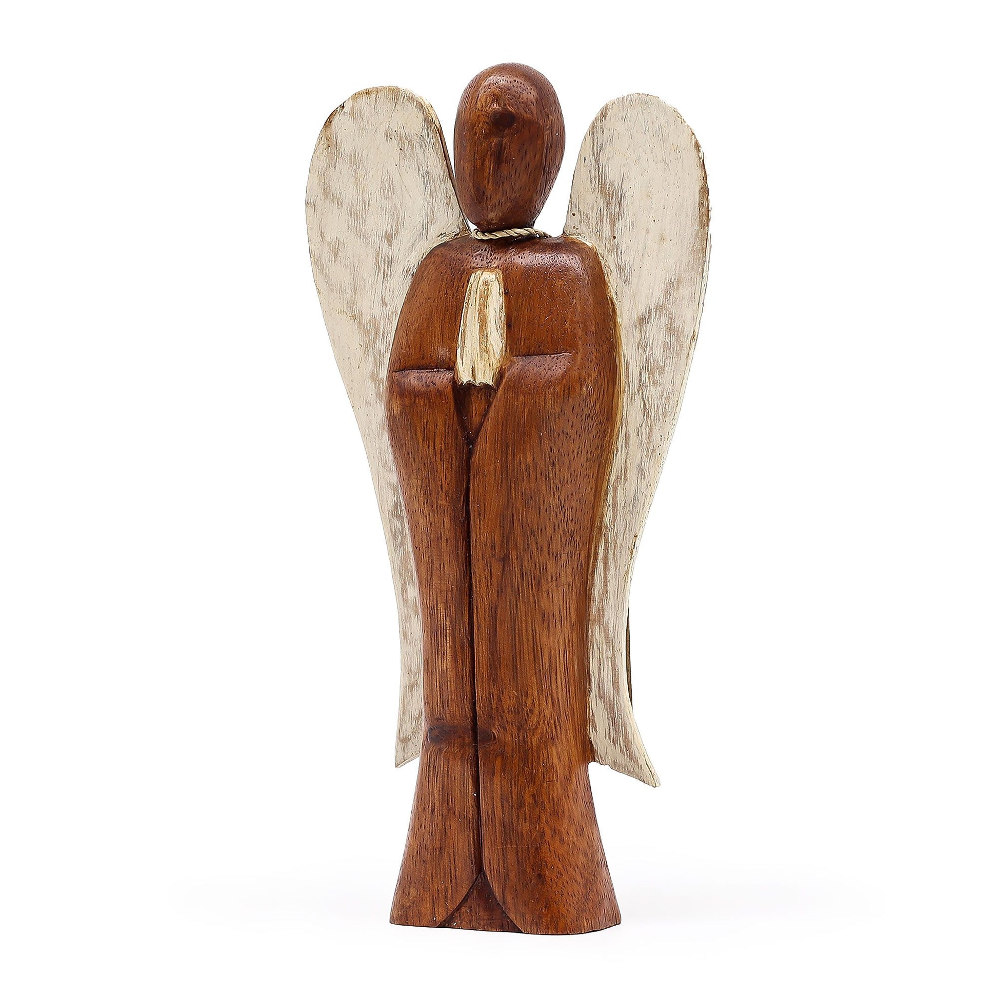 Hand-carved 20cm wooden angel figurine with 'Peace' inscribed on the back, crafted from sustainable Suar wood.