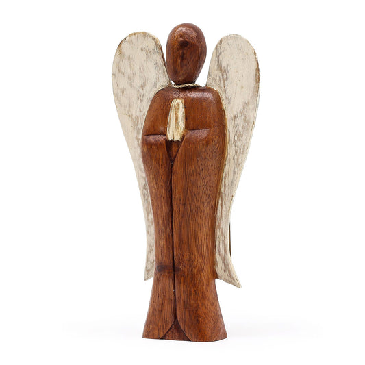 Hand-carved 20cm wooden angel figurine with 'Peace' inscribed on the back, crafted from sustainable Suar wood.