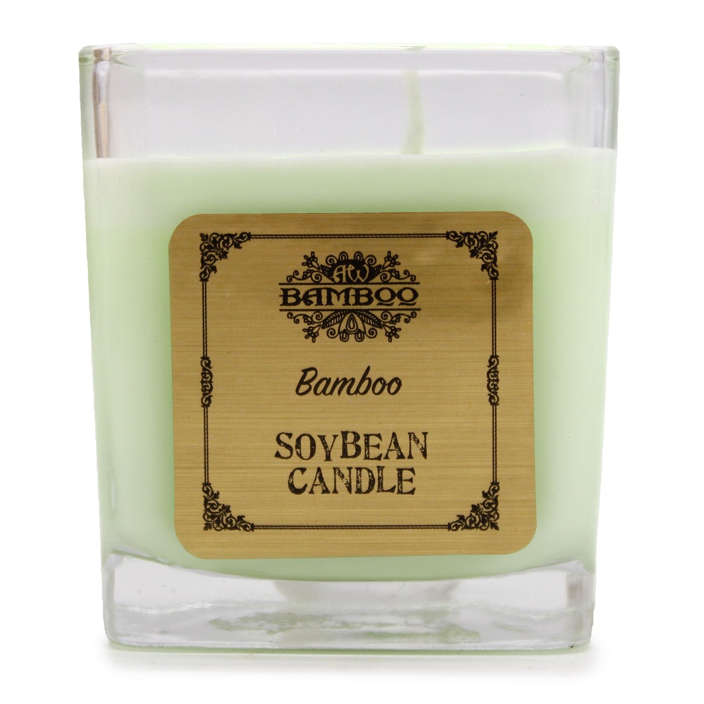 Eco-friendly bamboo scented soybean wax candle in a chunky recycled glass jar with a protective dust cover.