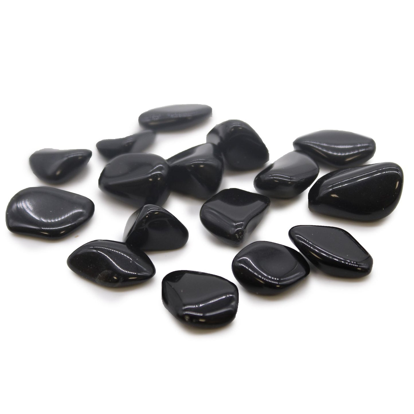 A smooth, polished jet-black obsidian tumble stone with a reflective, glassy surface.