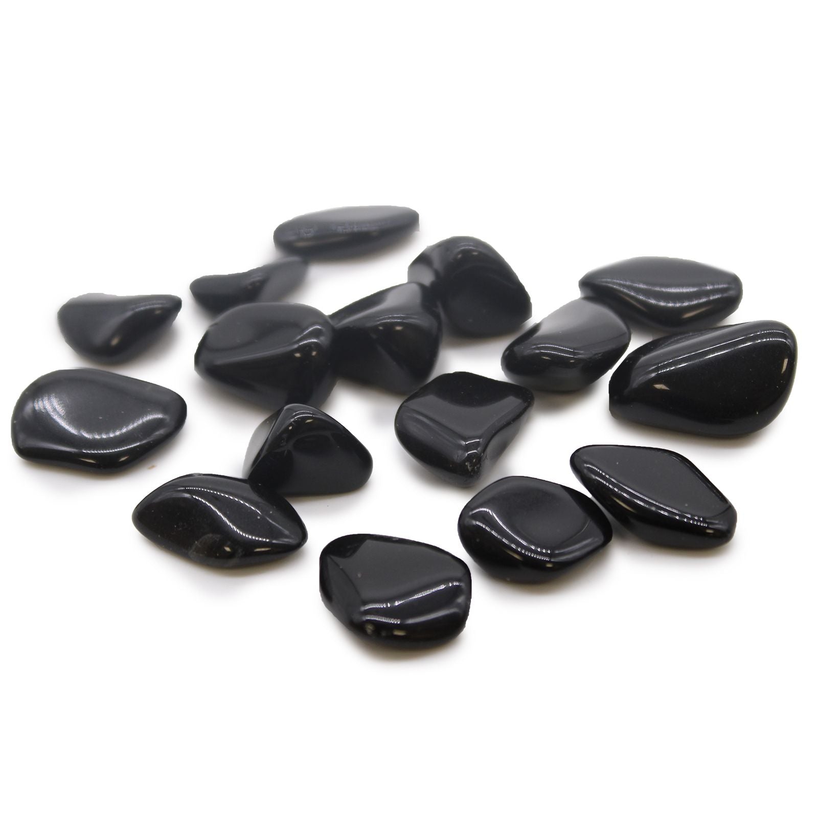 A smooth, polished jet-black obsidian tumble stone with a reflective, glassy surface.