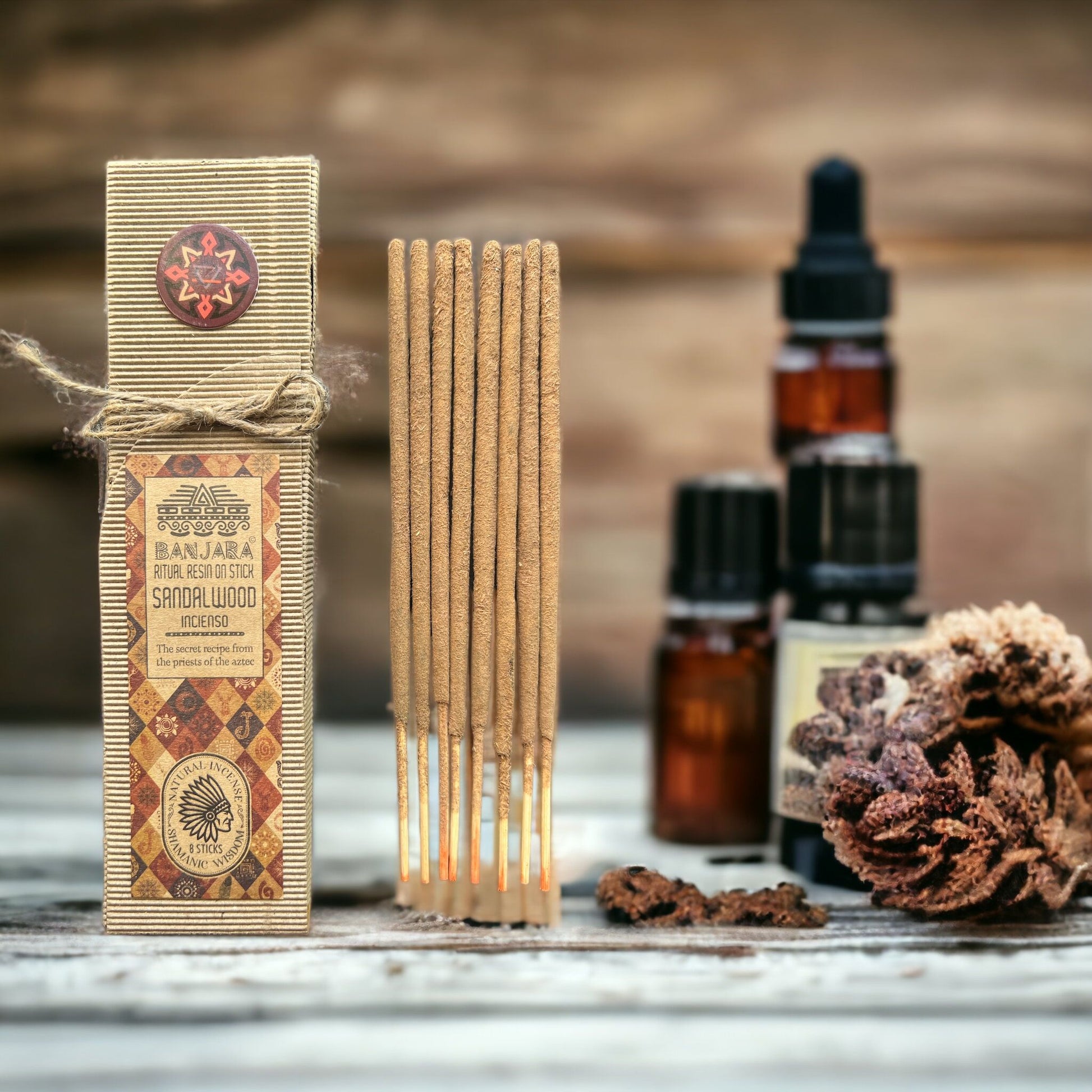 Handcrafted ritual resin incense stick with a textured sandalwood coating for spiritual ceremonies and meditation.