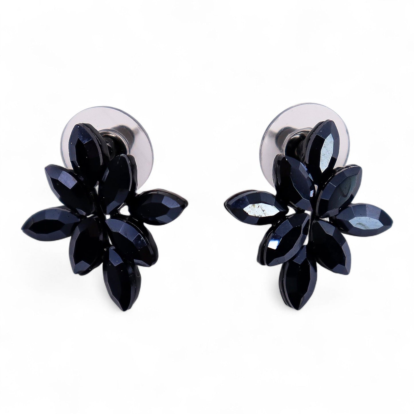 Elegant jet black vintage glass earrings shaped like flowers with polished petals and stainless steel details.