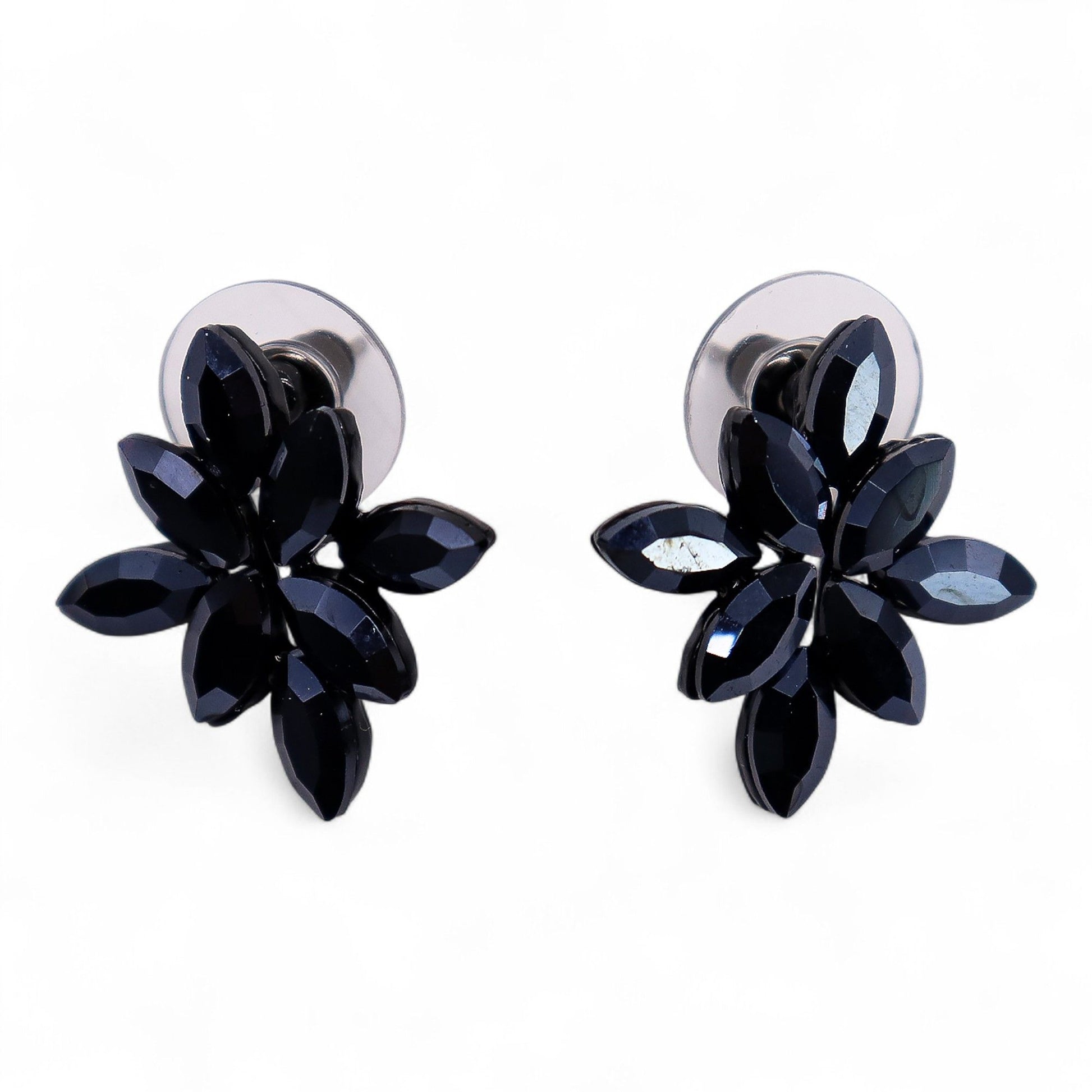 Elegant jet black vintage glass earrings shaped like flowers with polished petals and stainless steel details.