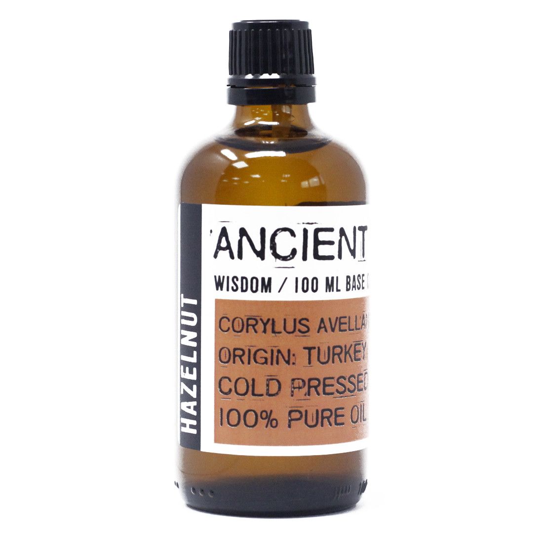 Clear bottle of hazelnut carrier oil with a light golden hue, perfect for massage and aromatherapy.