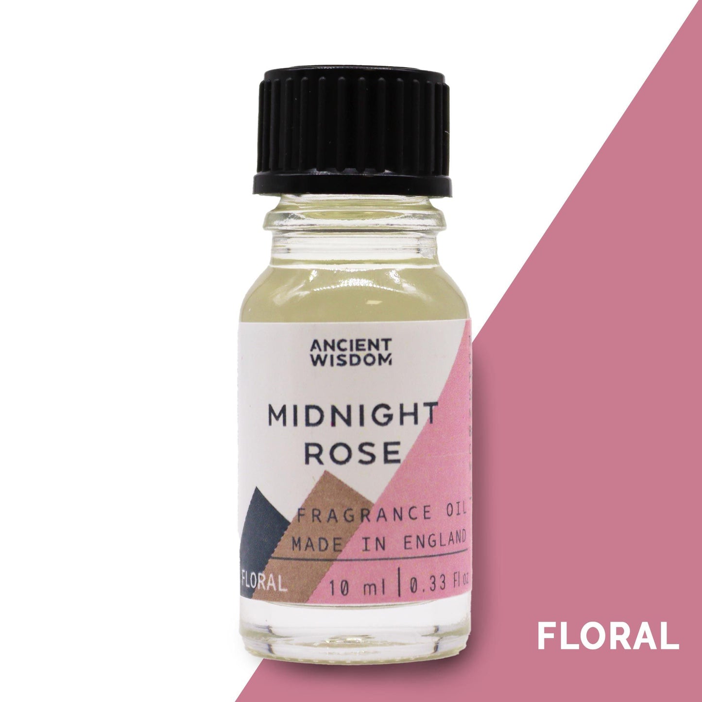 Small amber glass bottle of rose scented fragrance oil with a black dropper cap on a neutral background.