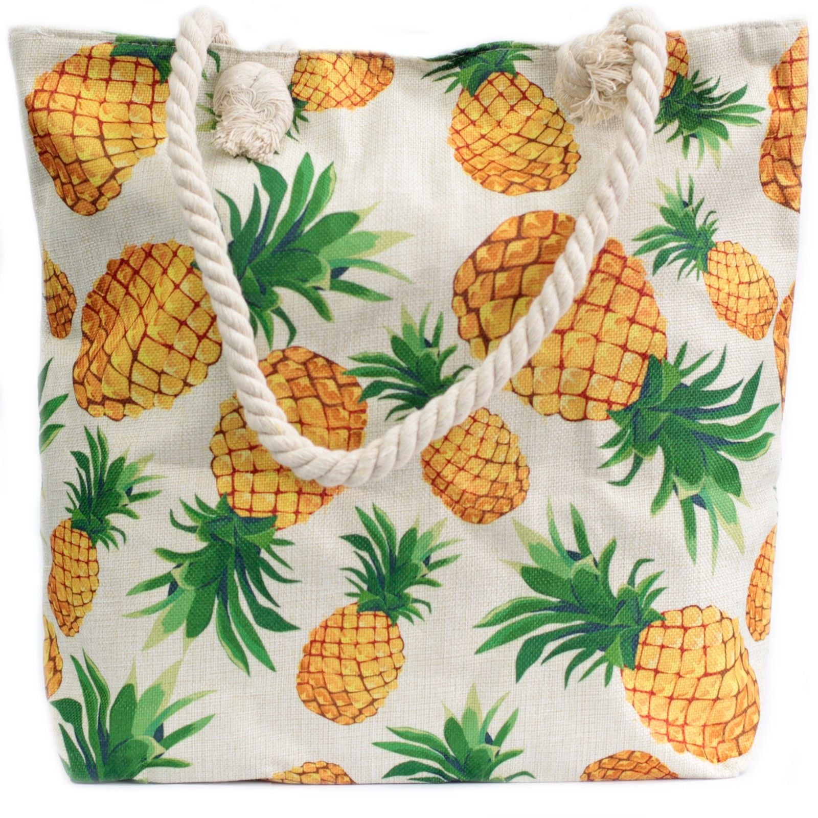Beige woven-style canvas beach tote bag featuring a pineapple design and soft cream rope handles.
