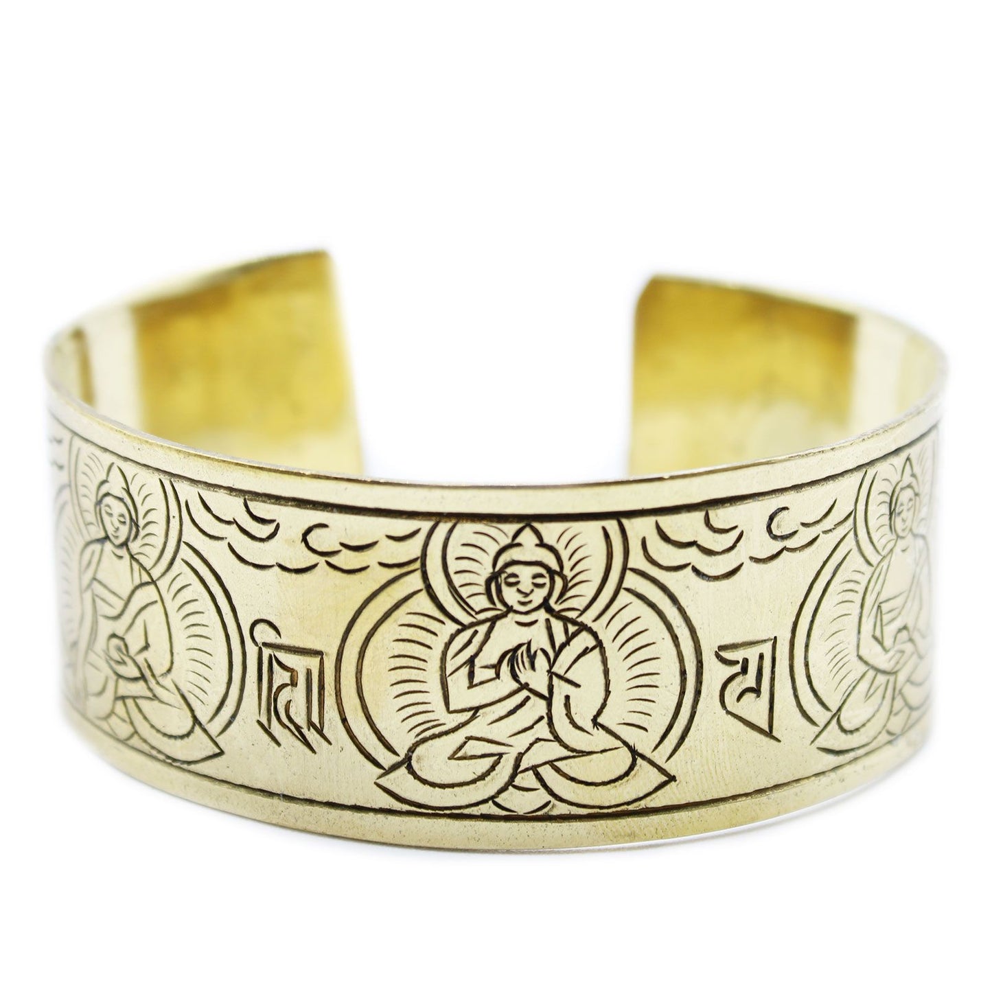 Handcrafted brass cuff bracelet featuring engravings of the Five Buddha symbols in a traditional Tibetan style.