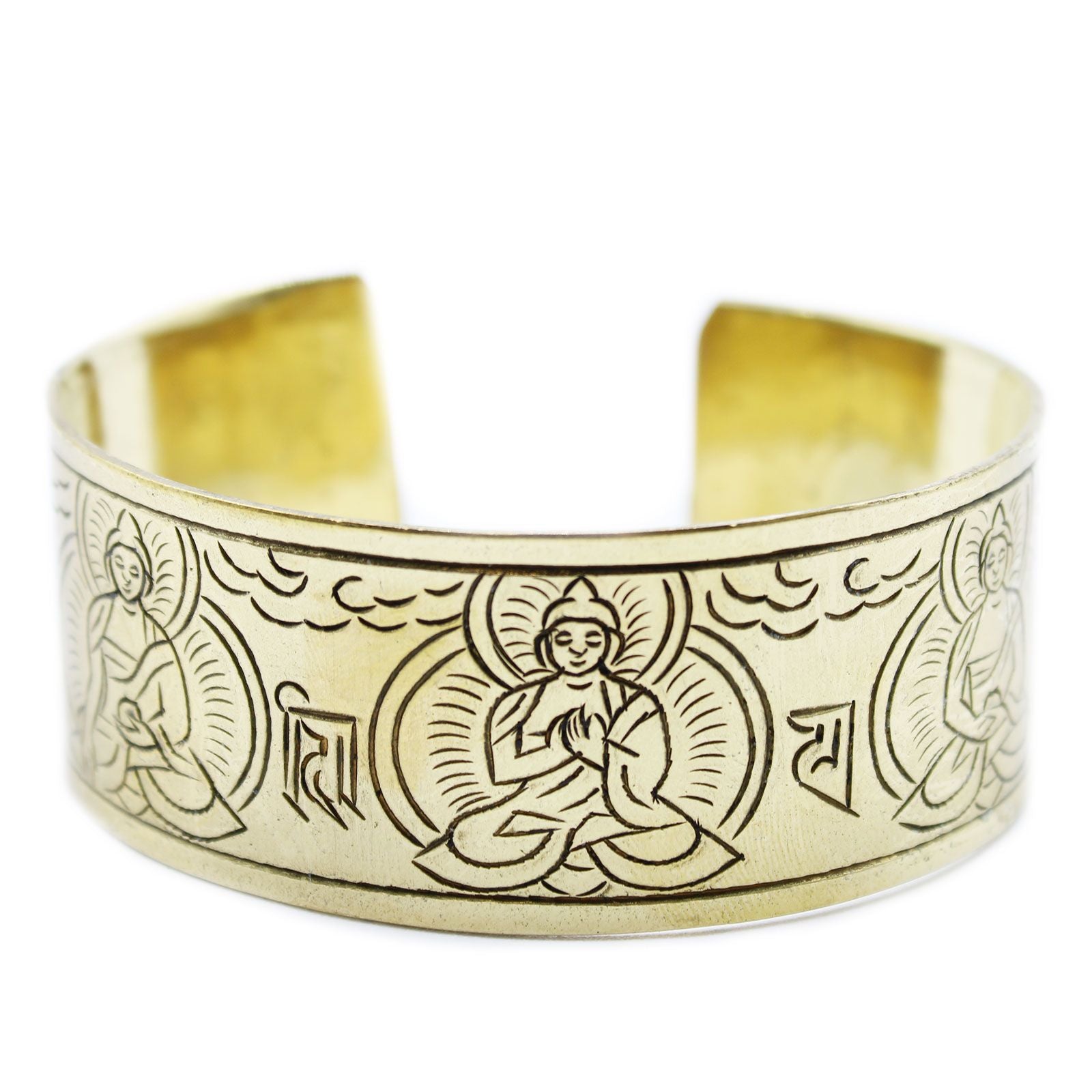 Handcrafted brass cuff bracelet featuring engravings of the Five Buddha symbols in a traditional Tibetan style.