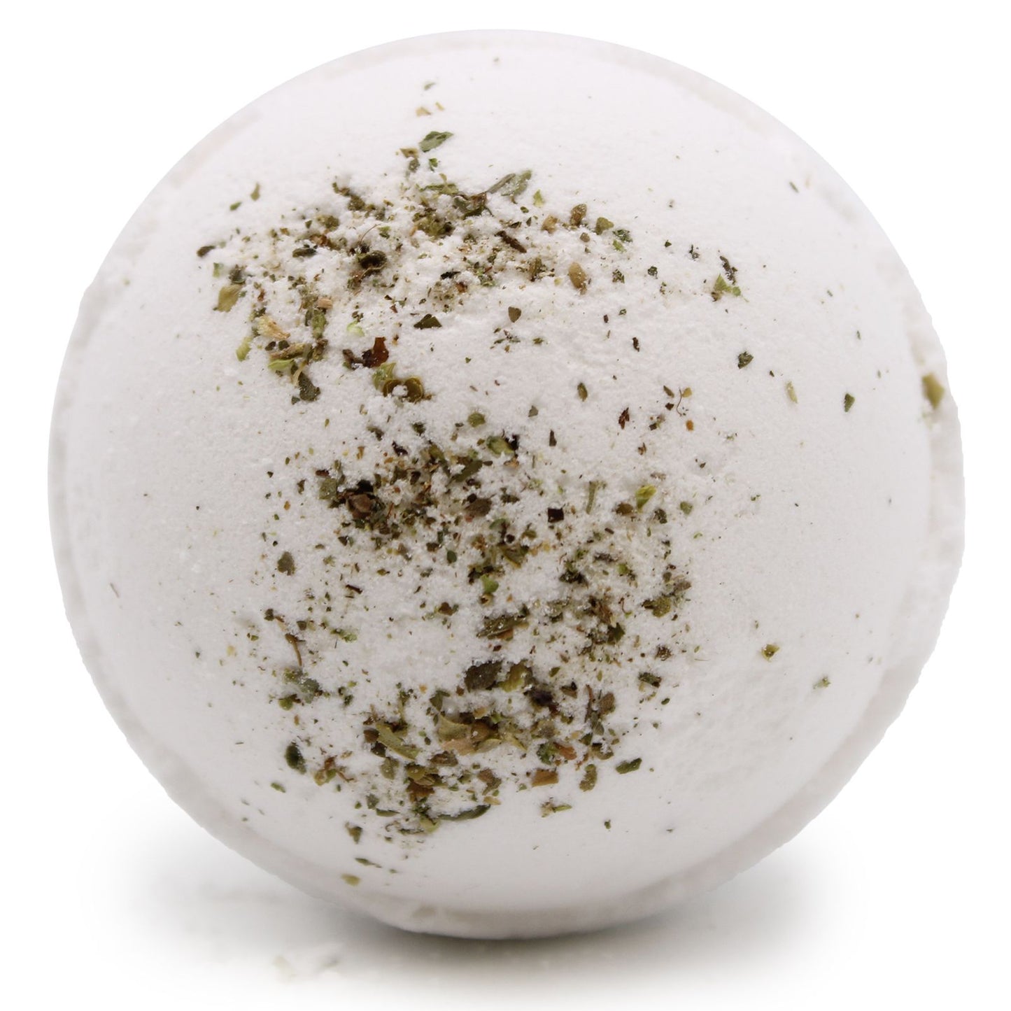 Large pink Himalayan salt bath bomb textured with dried botanicals and essential oils on a white background.