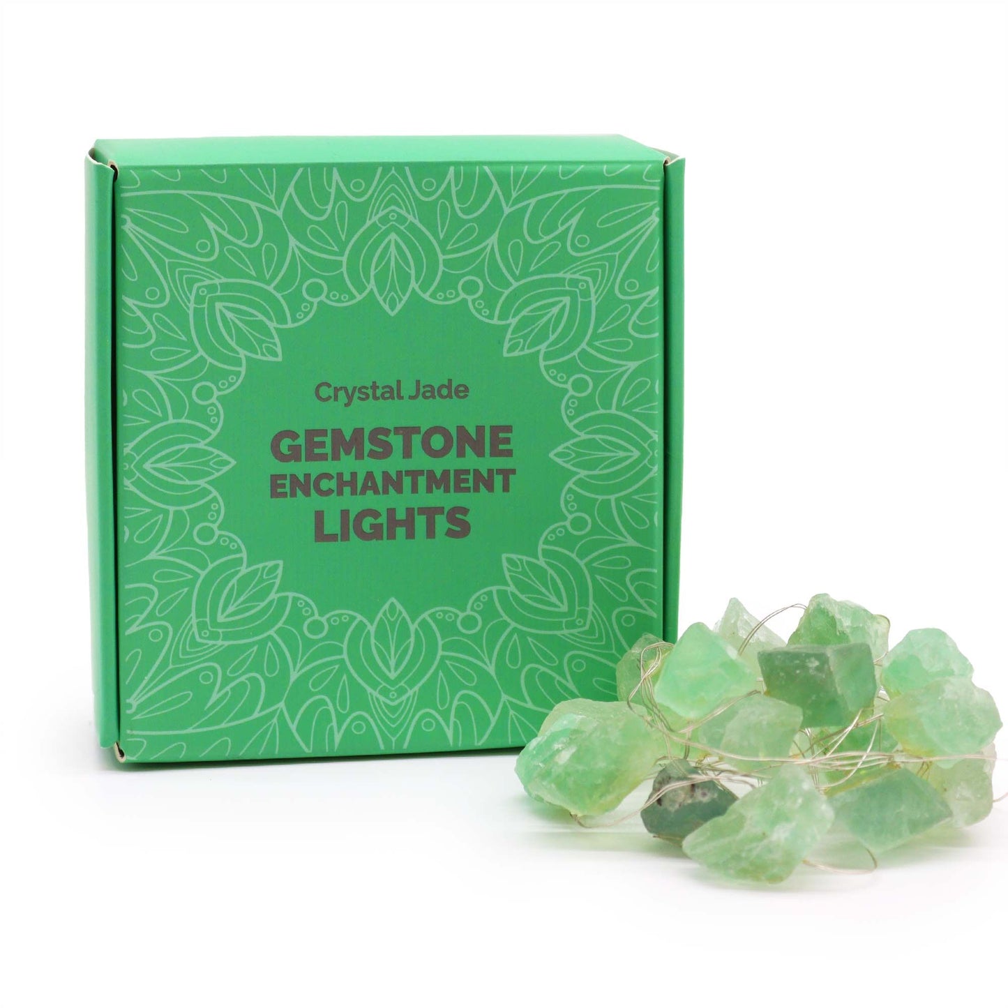 String of twenty green crystal jade gemstone rocks illuminated by warm LED lights creating a soft inviting glow.