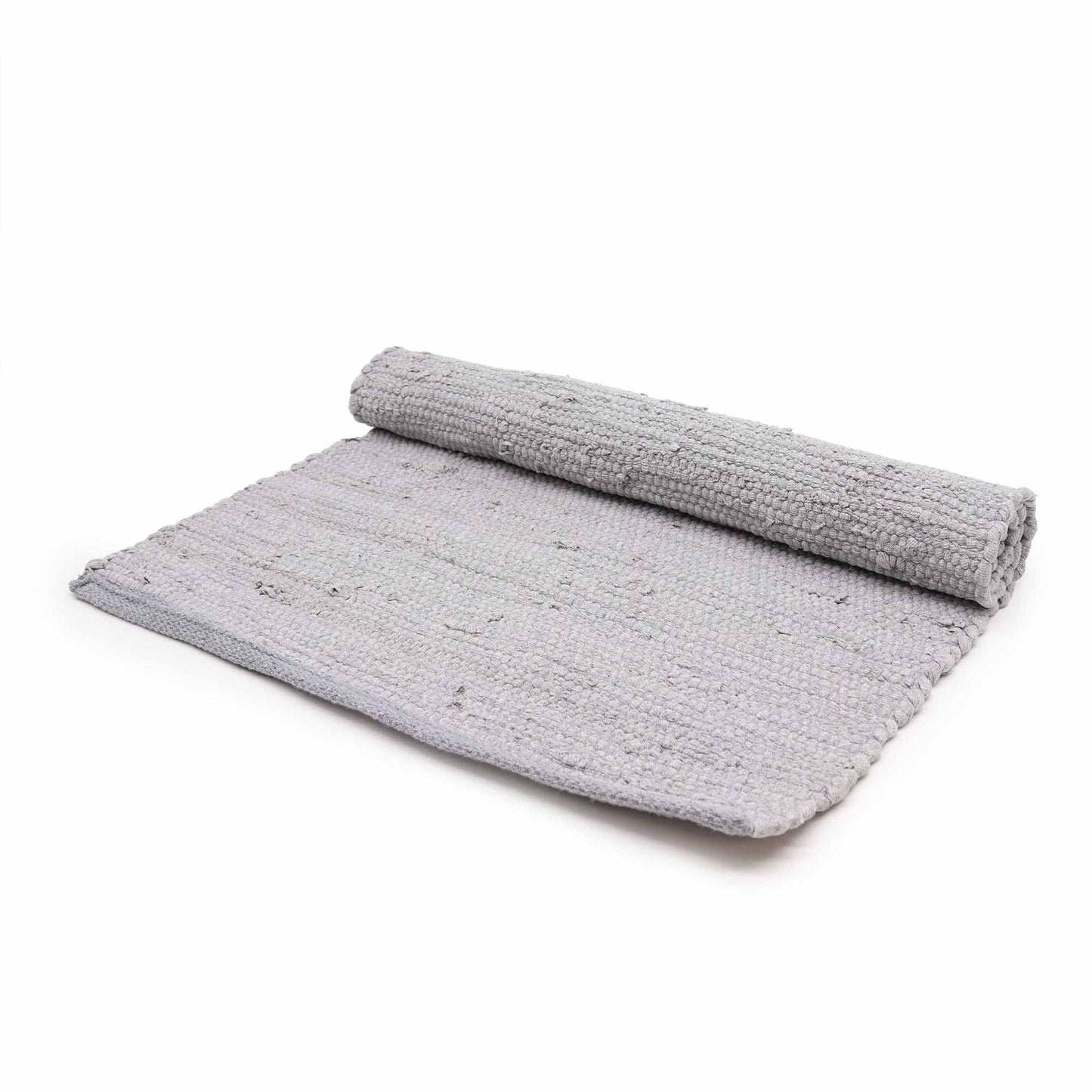 Close-up of a textured grey hand-loomed cotton rug with a classic woven pattern.
