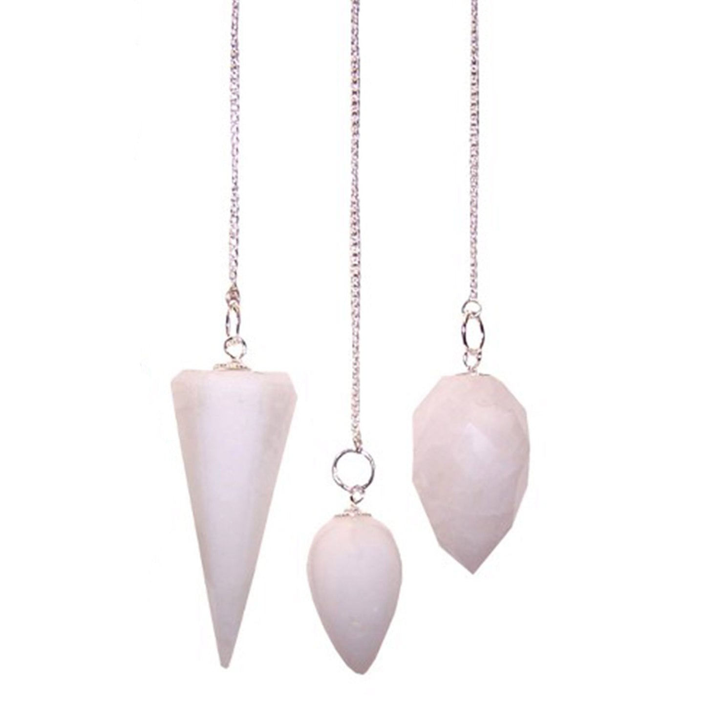 Pointed snow quartz gemstone pendulum with a silver-tone delicate chain and decorative bead.