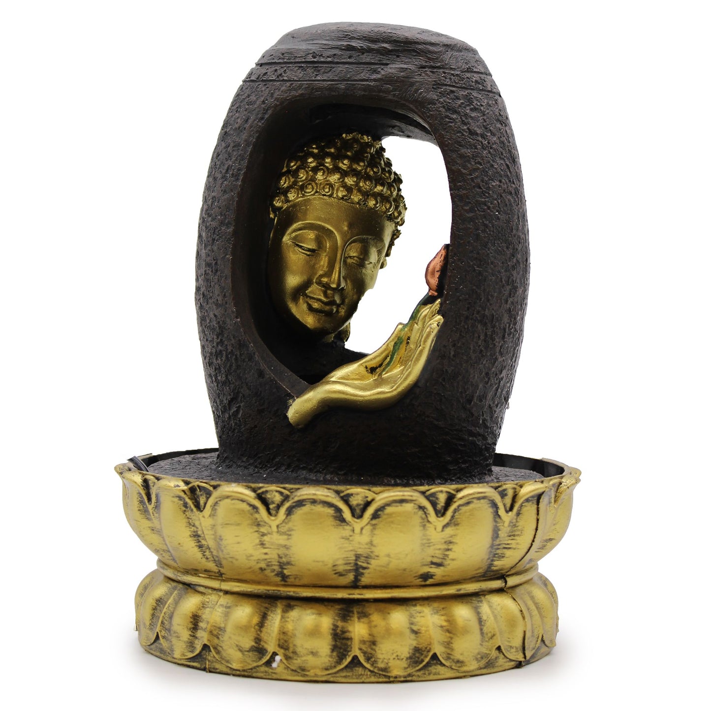 30cm golden Buddha statue in Vitarka Mudra pose seated on a tabletop water fountain with flowing water.