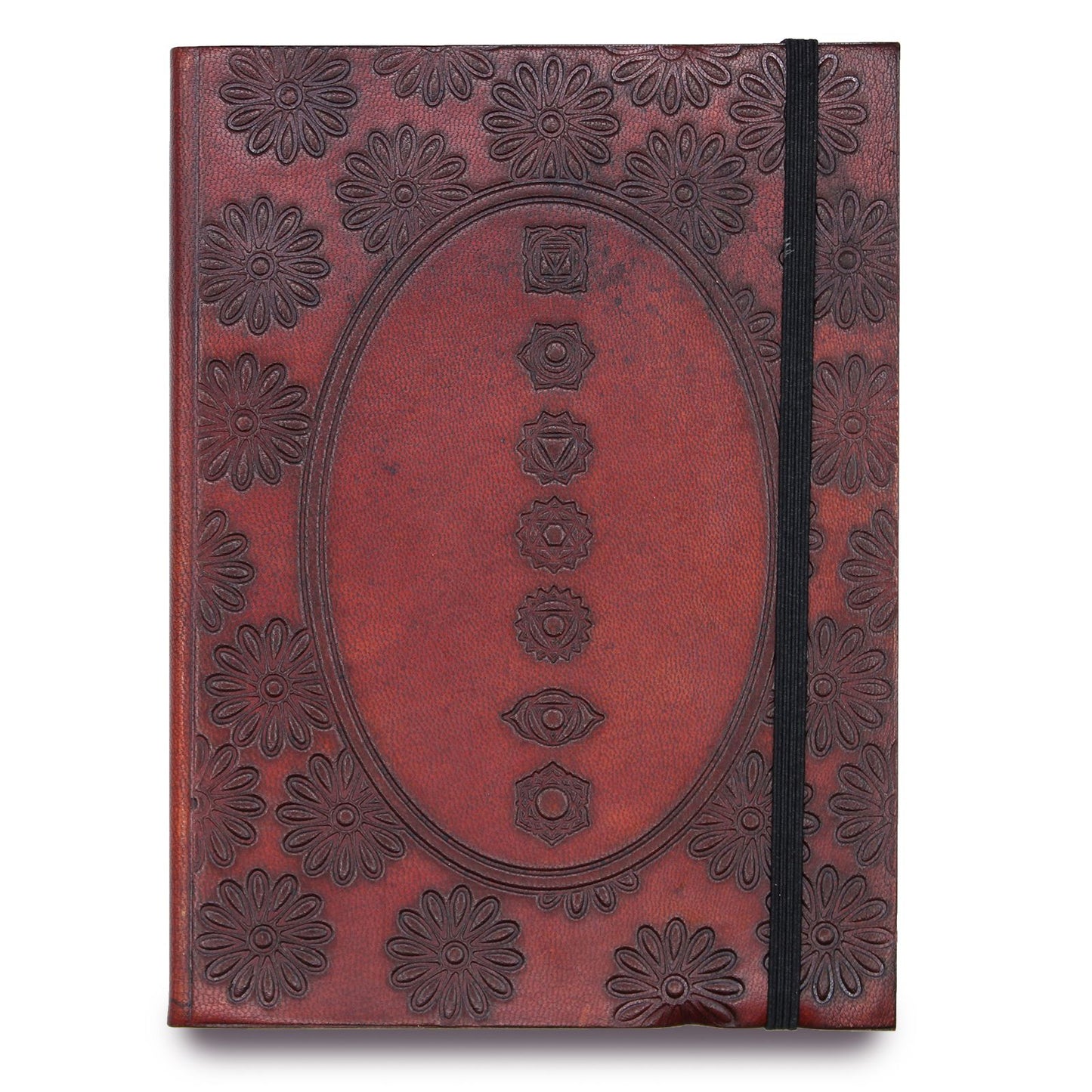 Small black notebook with an embossed colourful chakra mandala design and a functional elastic closure strap.